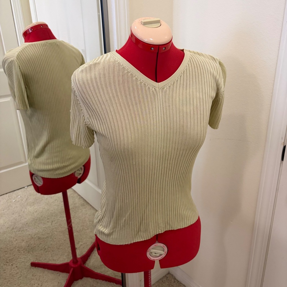 Club Monaco Vintage Ribbed Knit V-Neck Short Sleeve Top Small
